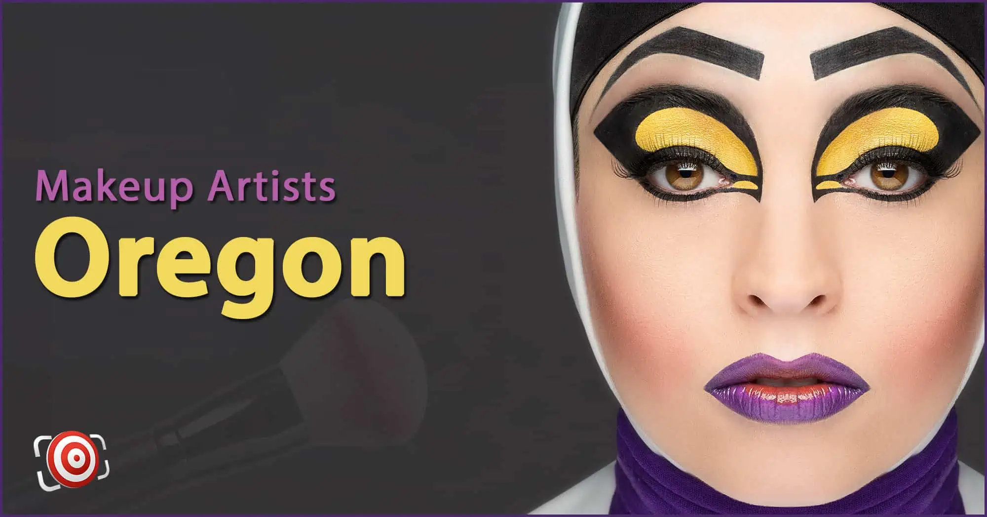 A woman with creative makeup on her face and the text Makeup Artists in Oregon.
