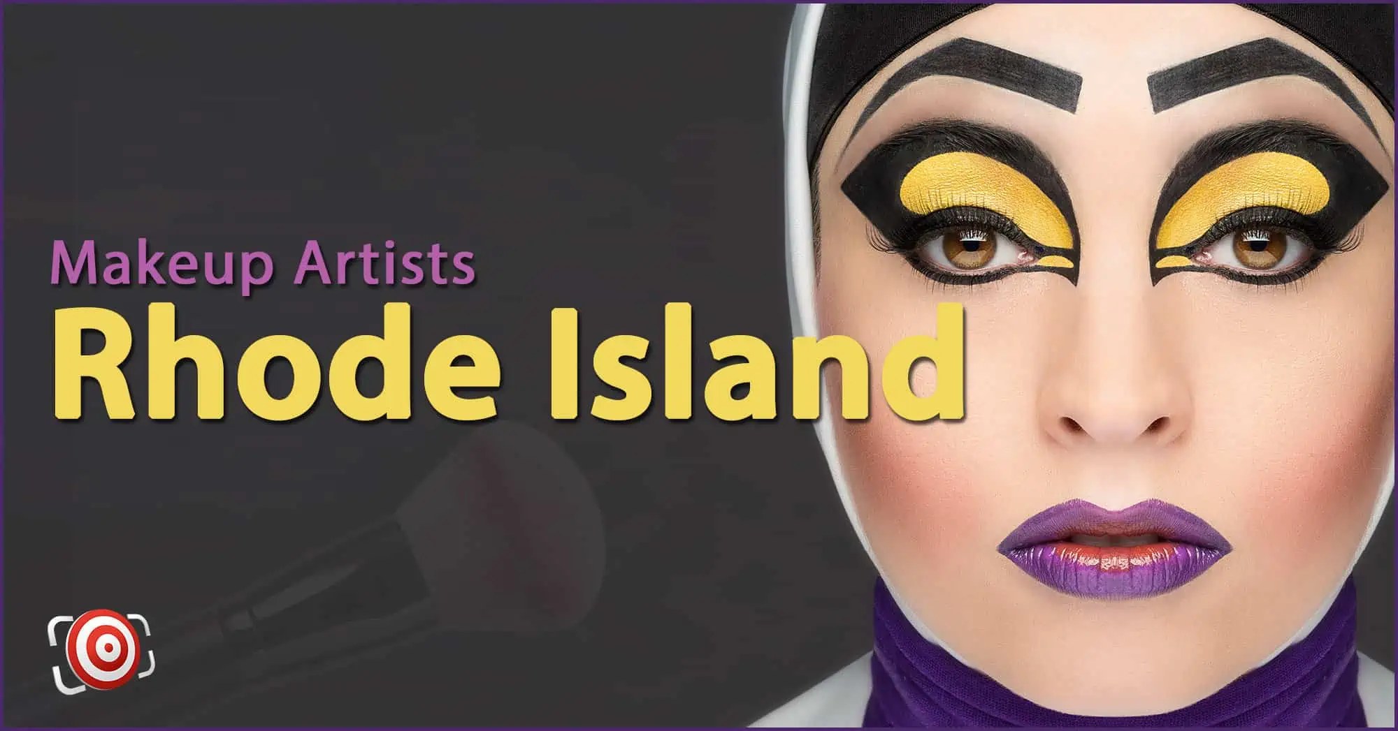 A woman with creative makeup on her face and the text Makeup Artists in Rhode Island.