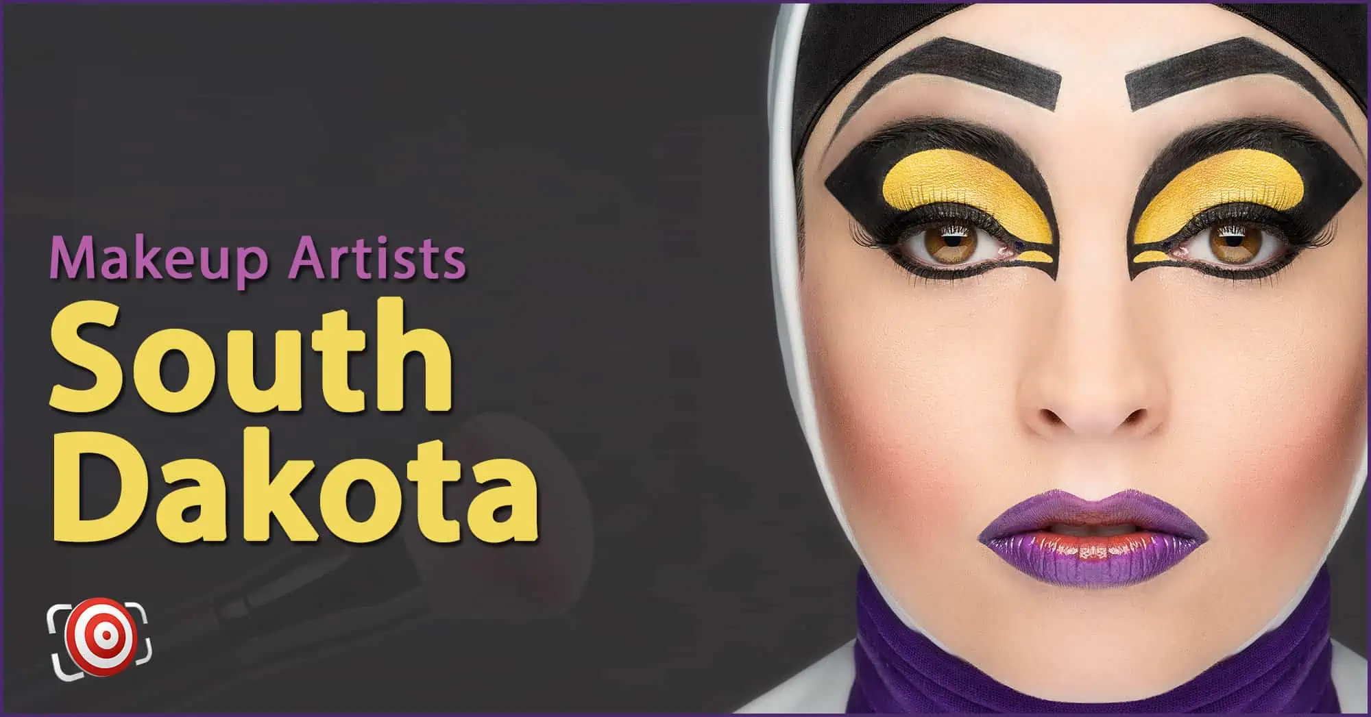 A woman with creative makeup on her face and the text Makeup Artists in South Dakota.