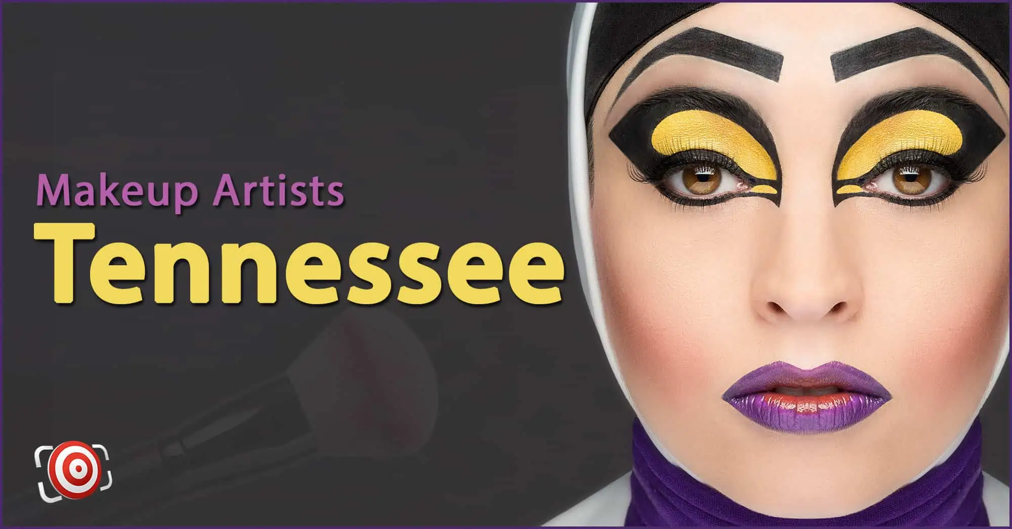 A woman with creative makeup on her face and the text Makeup Artists in Tennessee.