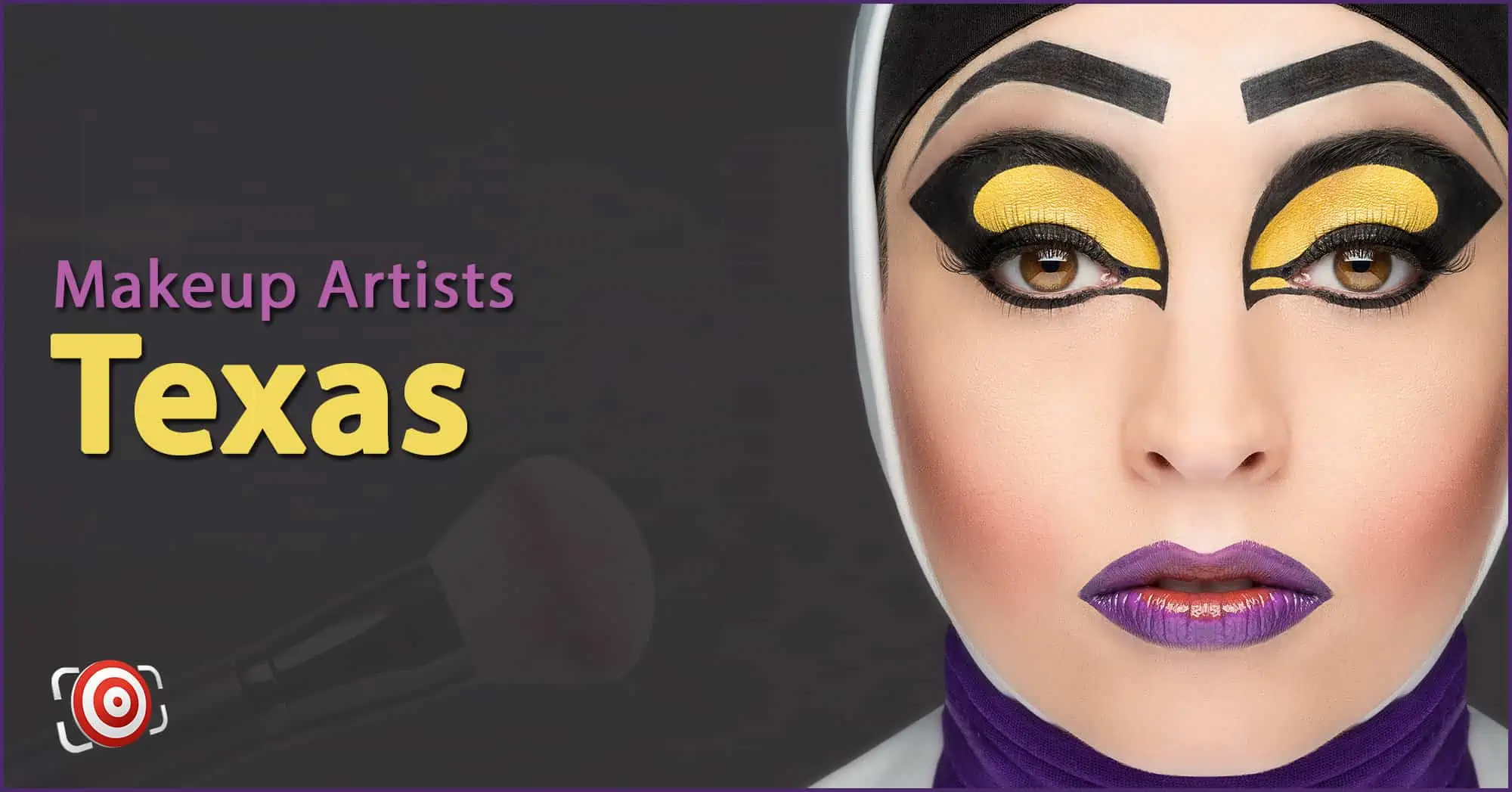 A woman with creative makeup on her face and the text Makeup Artists in Texas.