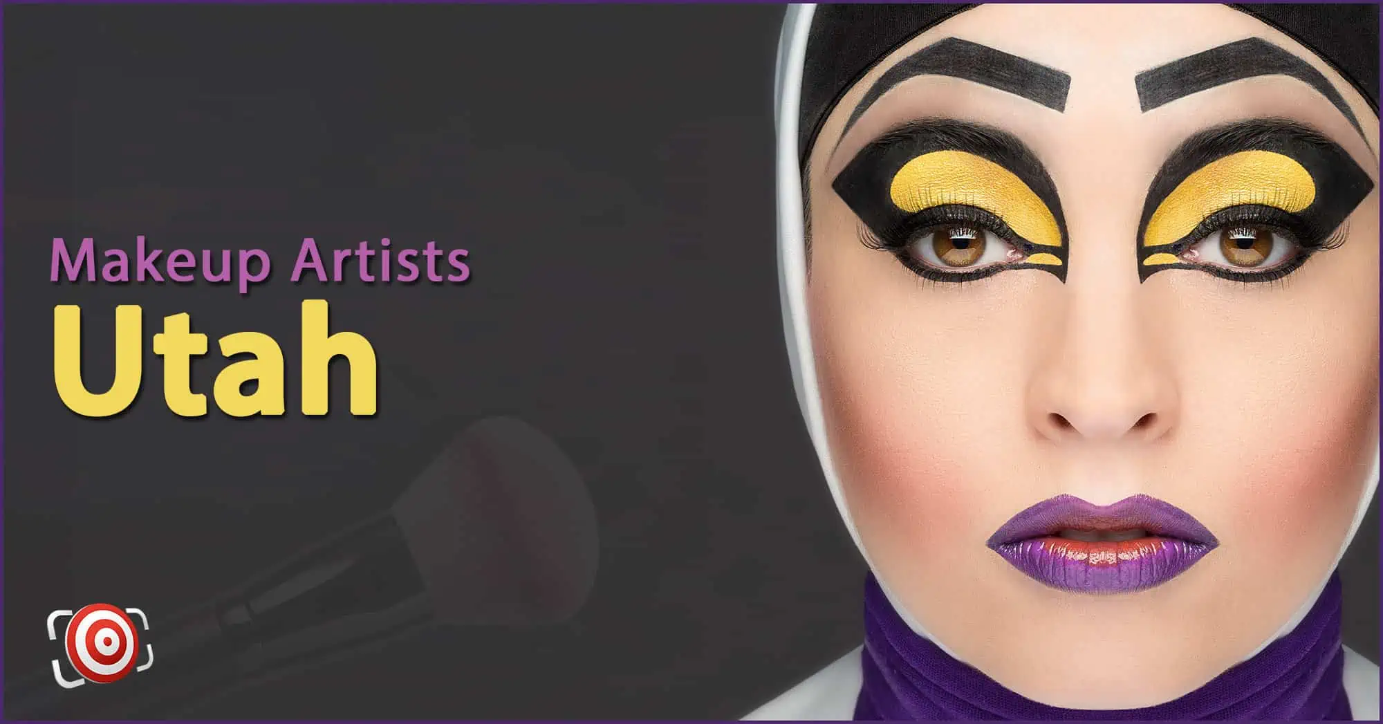 A woman with creative makeup on her face and the text Makeup Artists in Utah.