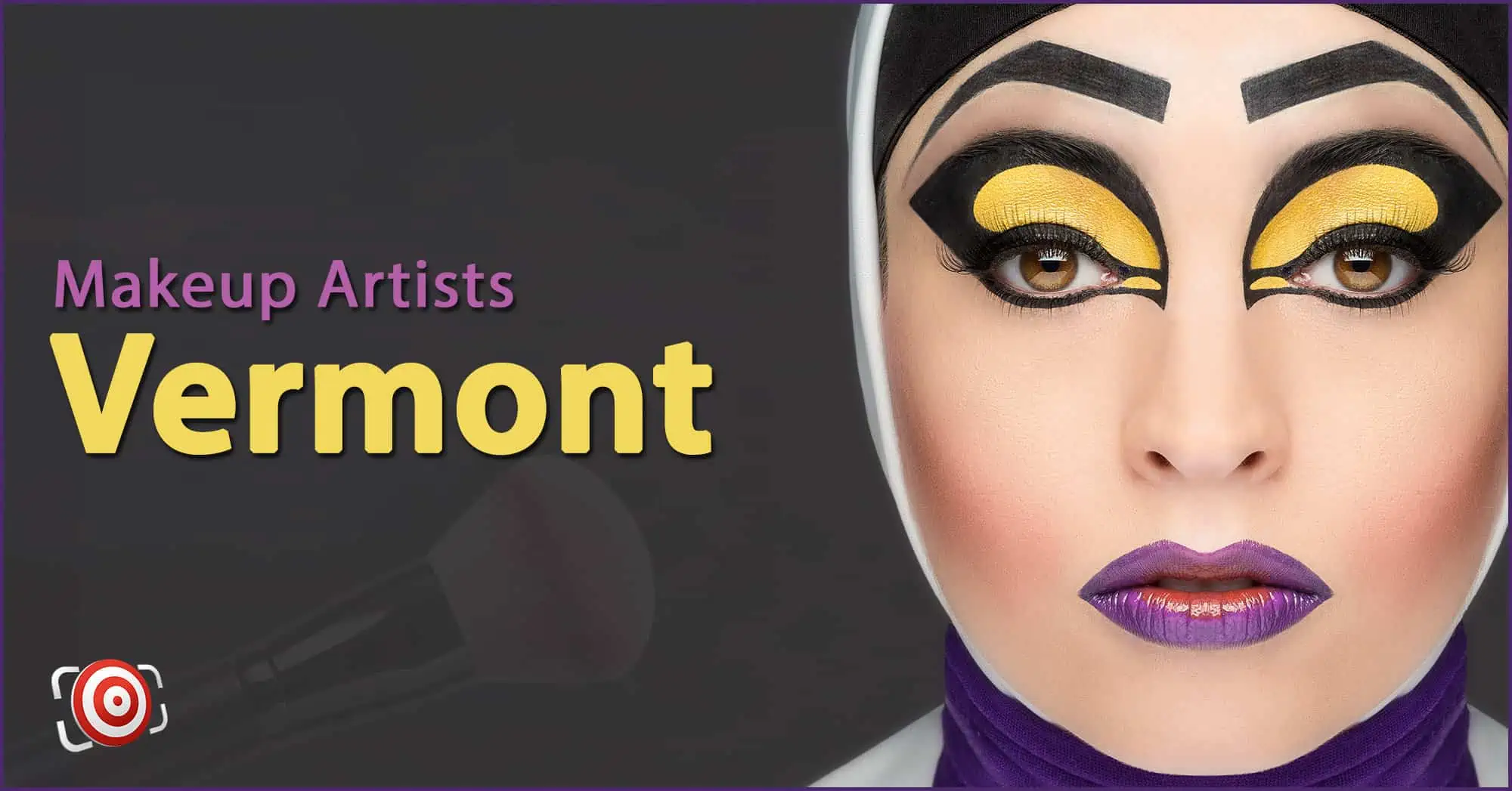 A woman with creative makeup on her face and the text Makeup Artists in Vermont.