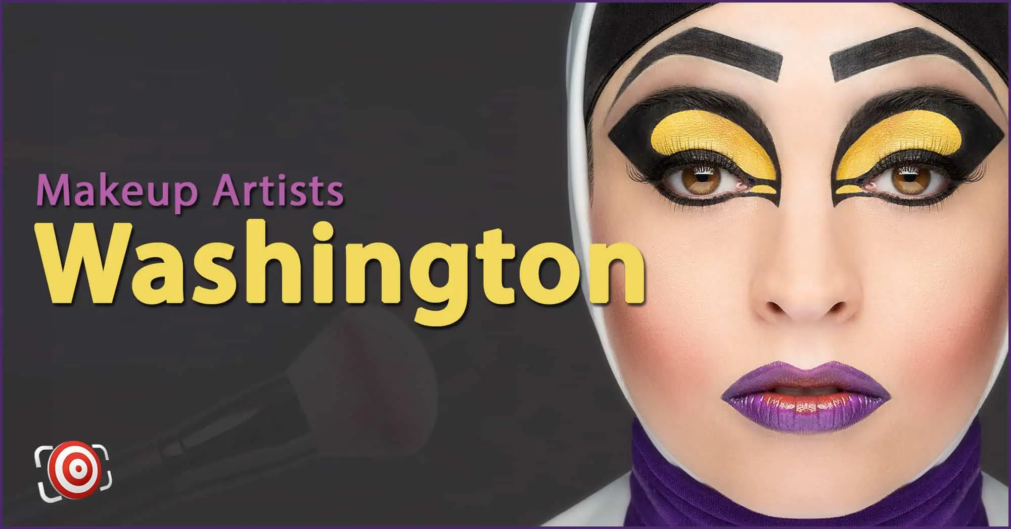 A woman with creative makeup on her face and the text Makeup Artists in Washington.