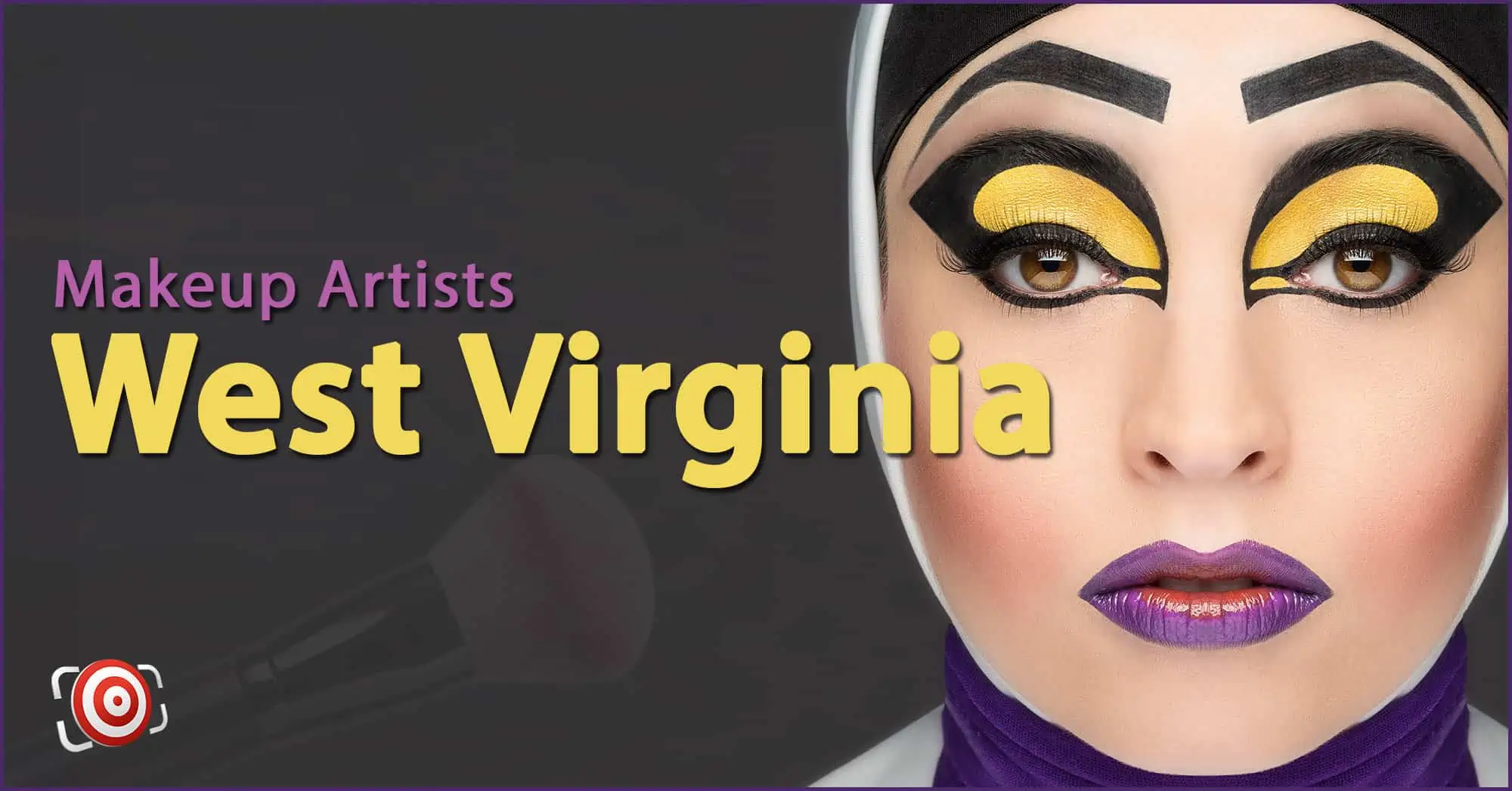 A woman with creative makeup on her face and the text Makeup Artists in West Virginia.