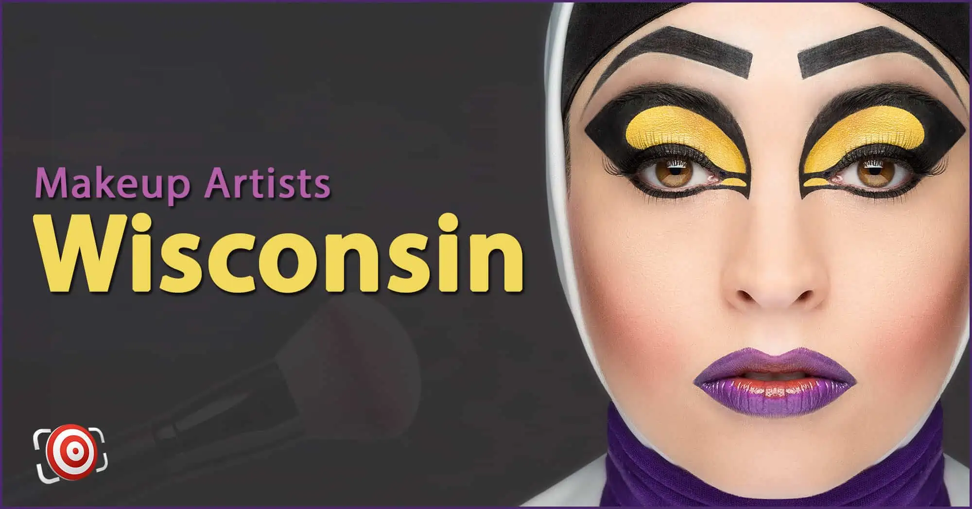 A woman with creative makeup on her face and the text Makeup Artists in Wisconsin.