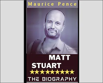 Promotional material featuring a portrait of a man for 'Matt Stuart - the Biography' by Lindsay Adler.