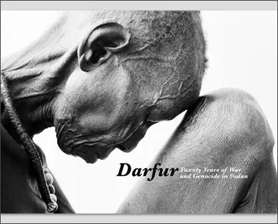 Profile of Lindsay Adler, an aged person with scars looking downward, with text regarding Darfur's conflict.