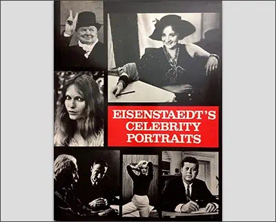 A promotional poster featuring a collage of monochrome celebrity portraits by Dorothea Lange.