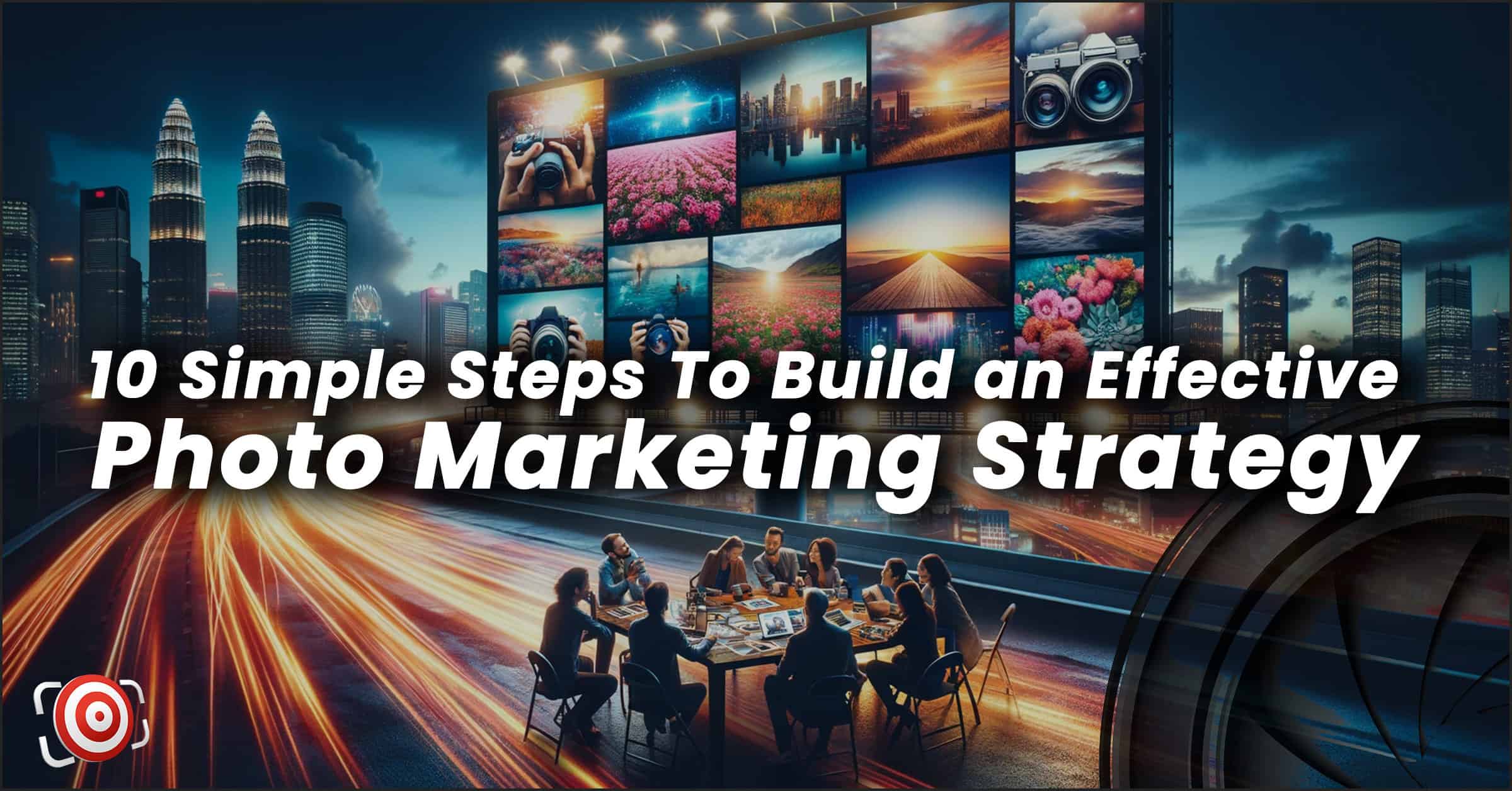 A promotional graphic highlighting "10 simple steps to build an effective photo marketing strategy" with a collage of photographs and a social media icon.