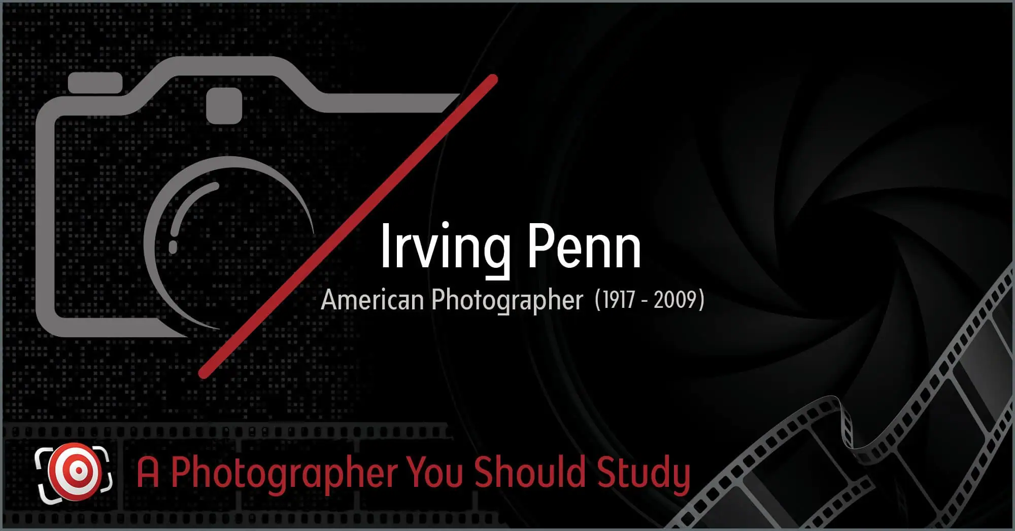 Graphic banner promoting Irving Penn as a notable photographer worth studying, incorporating photography-related visuals like a camera icon and a lens.