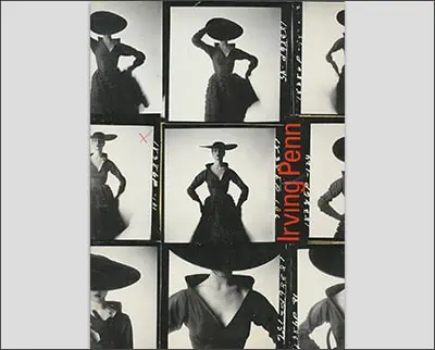 A contact sheet featuring a series of black and white fashion photographs by Irving Penn, with one image marked by a red cross.