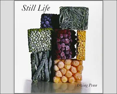 A colorful composition of arranged vegetables and fruits in a grid pattern by Irving Penn.