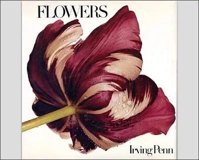 A book cover titled "Flowers" by Irving Penn, featuring a close-up photograph of a dark red flower with water droplets.