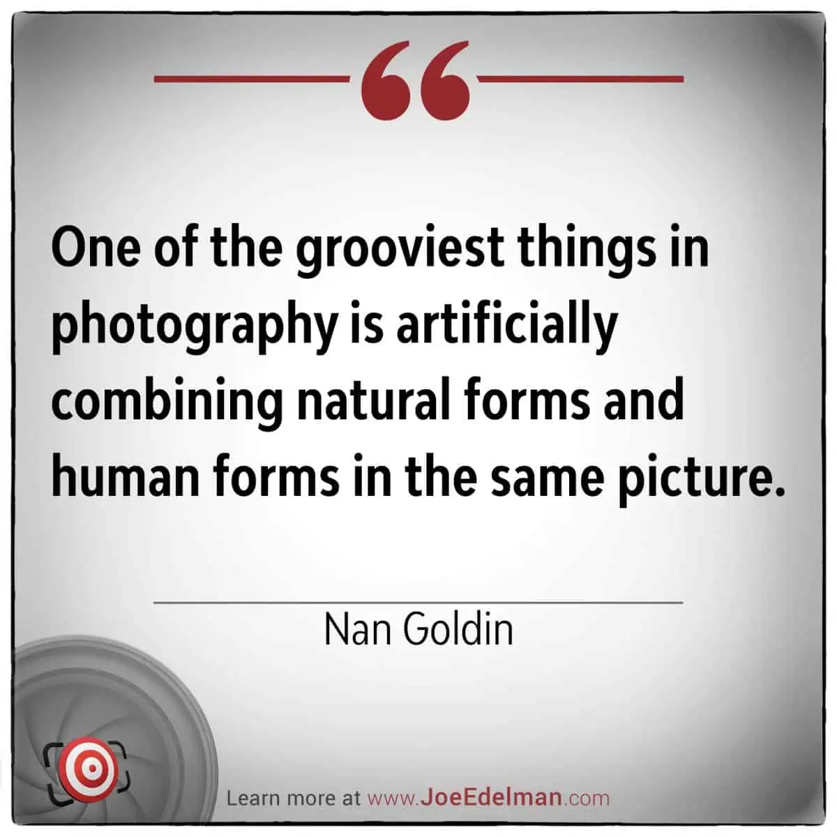 A quote by Nan Goldin graces a white background, highlighting the artistry in photography: "One of the grooviest things is artificially combining natural forms and human forms in the same picture.