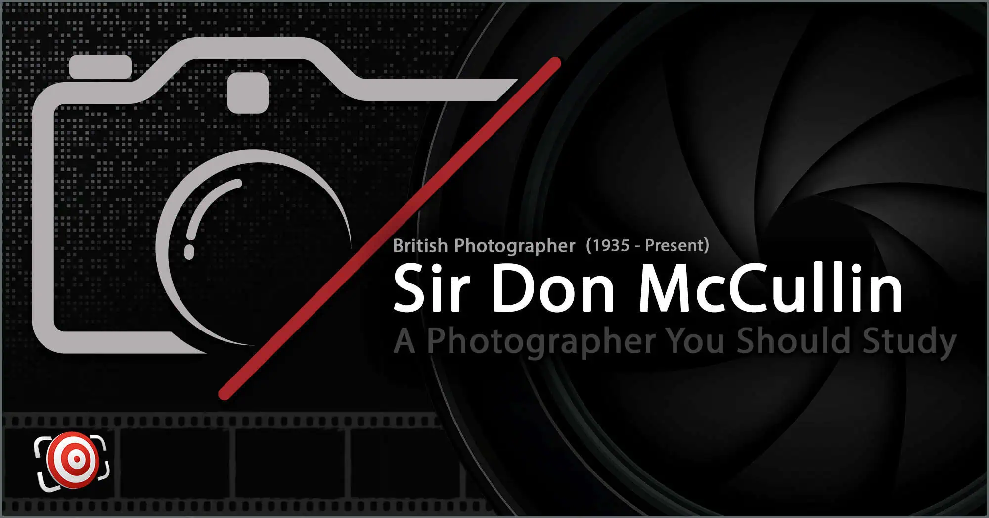Promotional graphic featuring Sir Don McCullin, highlighting him as a notable British photographer to study, with thematic camera graphics.