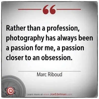 Text with quote: "For Marc Riboud, photography has always been more of a passion than a profession, an obsession that fuels his creativity." Logo and website info at the bottom.