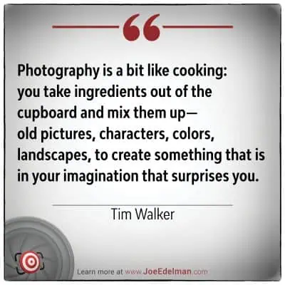Tim Walker likens photography to cooking, where you mix ingredients like old pictures and landscapes to create imaginative surprises.
