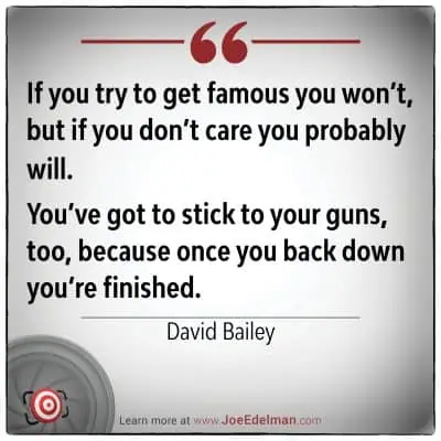 A quote by David Bailey highlighting the essence of fame and determination, accompanied by a target icon and a website link below.