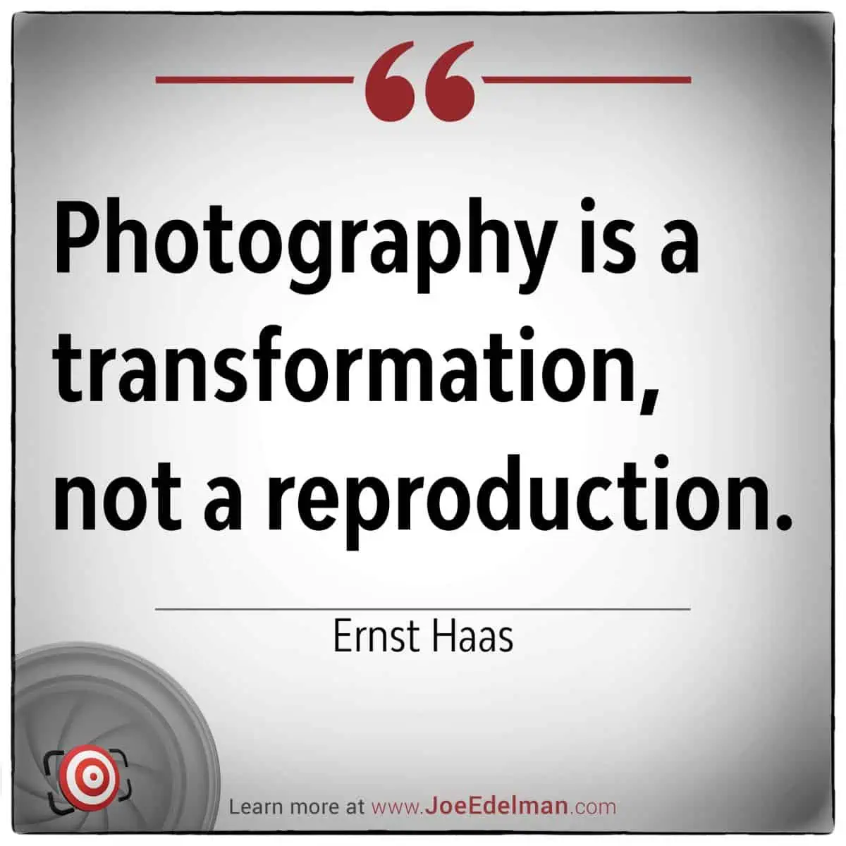 Quote image: "Photography is a transformation, not a mere reproduction." - Ernst Haas. Discover more about his visionary work through the website link provided.