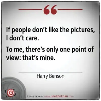Featuring a decorative border surrounding text, this quote by the renowned photographer Harry Benson offers a personal perspective on photography. Explore his unique insights further at the website link provided below.
