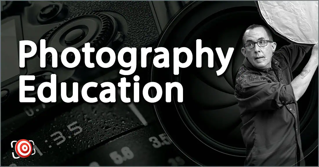 Man adjusts lighting equipment next to text that reads Photography Education