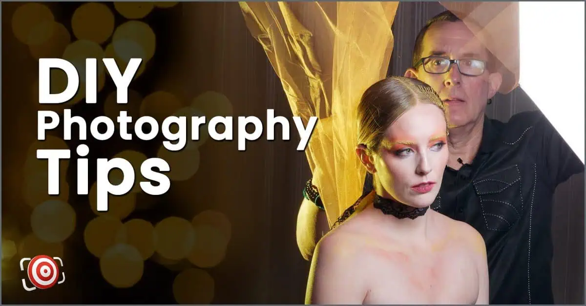 Photographer adjusts a lighting setup behind a model with text overlay: DIY Photography Tips.