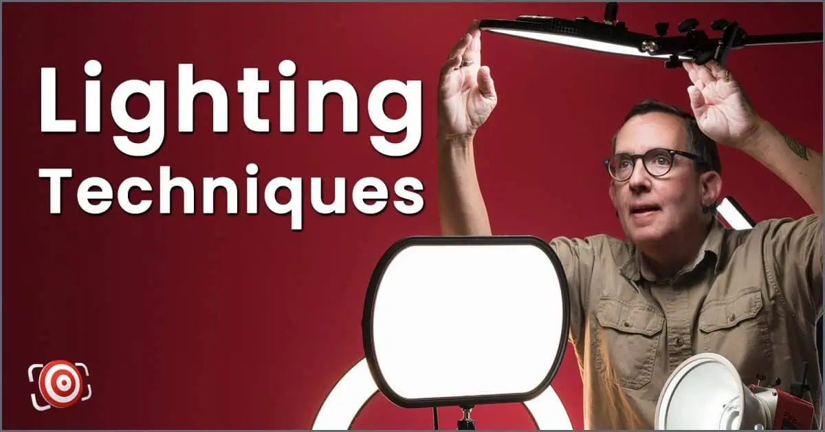 Joe Edelman adjusting lights in a studio with the text Lighting Techniques on a red background.