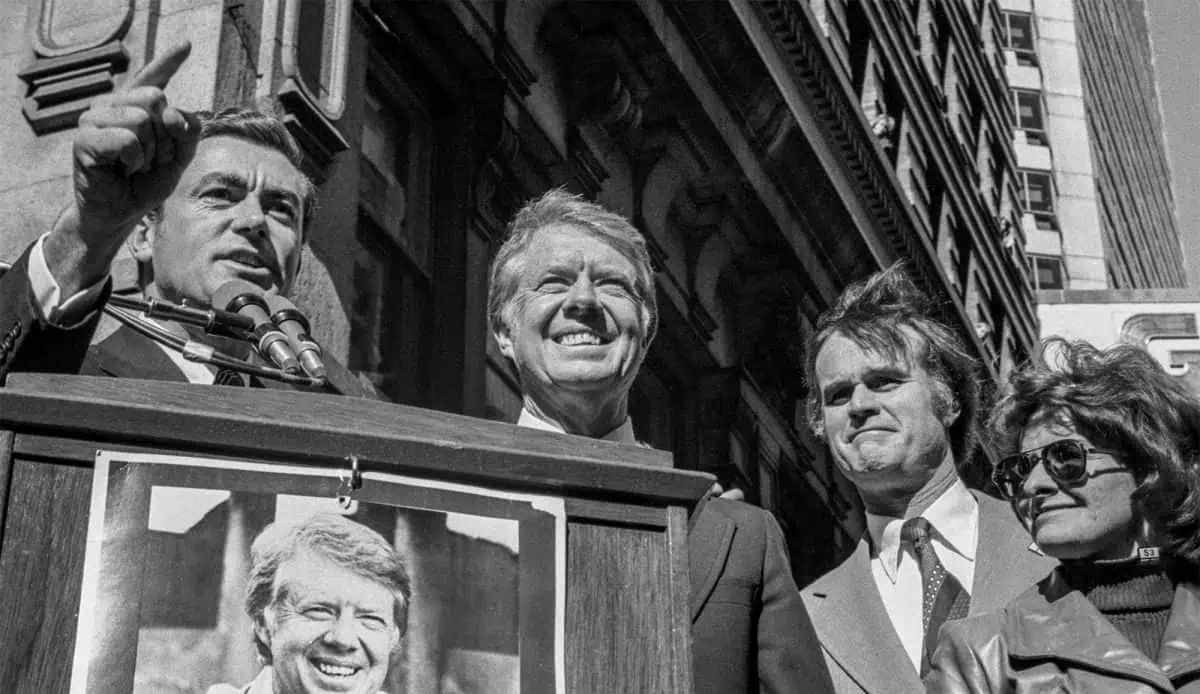 Democratic presidential candidate Jimmy Carter stands on stage with congressional candidate William J. Green (left) and Edward Rendell, then candidate for District Attorney during an outdoor rally at 15th and Chestnut Streets in Philadelphia, PA on October 29th, 1976