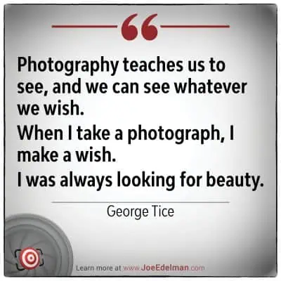 Text quote stating: "Photography teaches us to see, and we can see whatever we wish. When I take a photograph, I make a wish. I was always looking for beauty." - George Tice.
