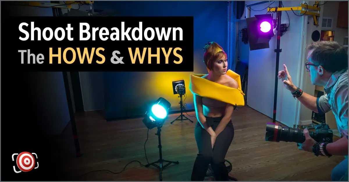 Photographer directs a model in a studio with colorful lighting setup. Text on image: