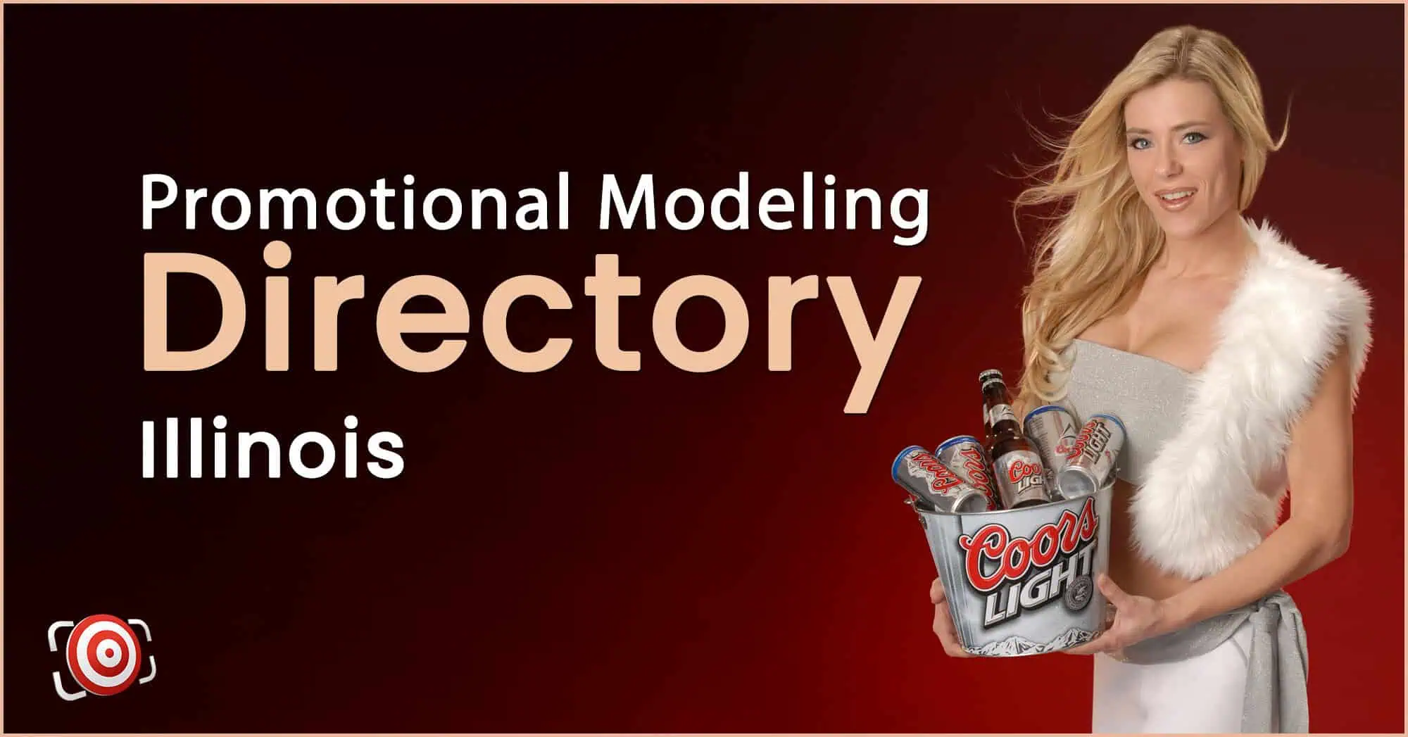 Blonde woman in a white outfit holds a bucket of Coors Light beer bottles next to text reading "Promotional Modeling Directory Illinois.