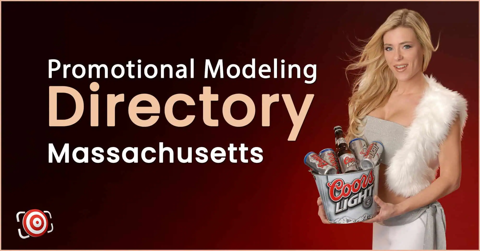A woman in a white outfit holds a bucket of beer bottles next to text reading "Promotional Modeling Directory Massachusetts.