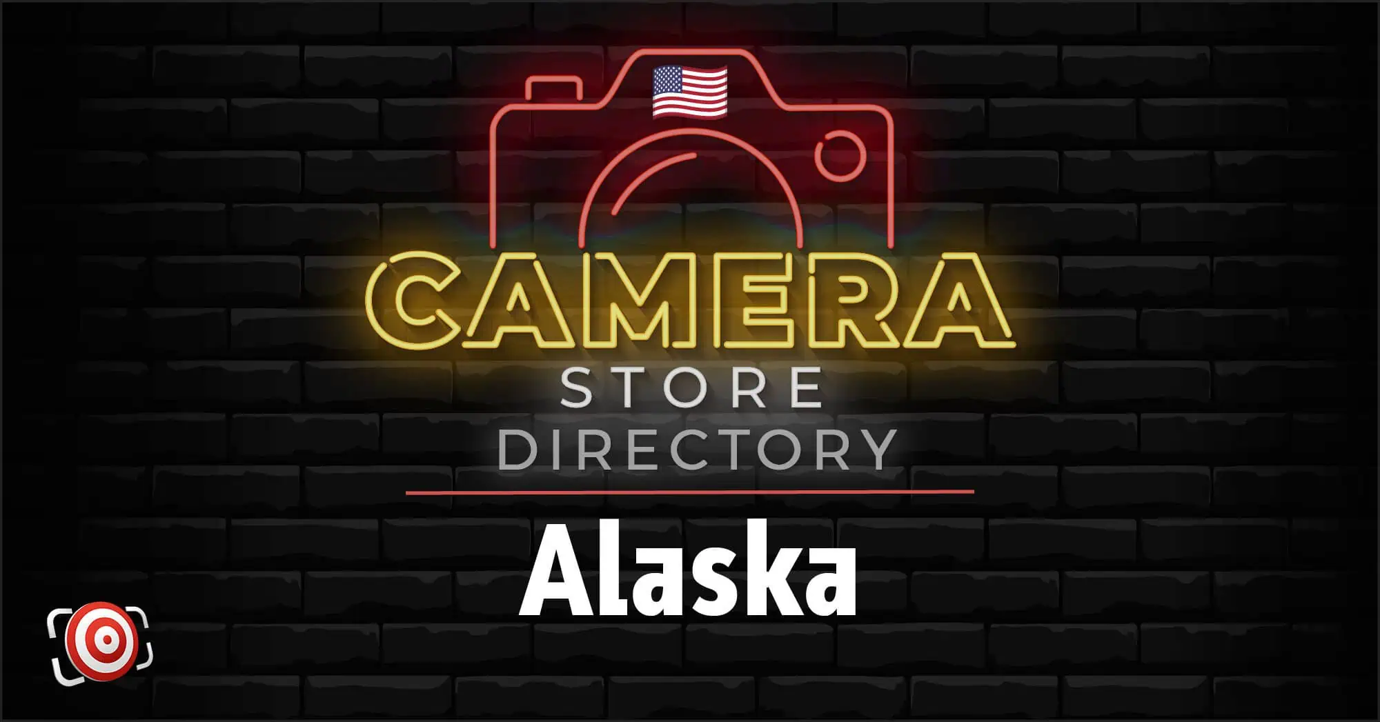 Neon-style graphic of a camera with an American flag, reading "Camera Store Directory Alaska" against a dark brick background.