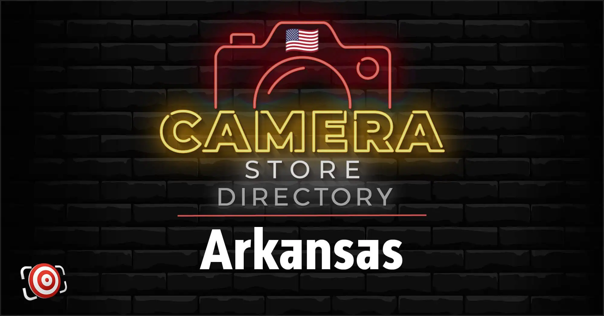 A neon sign graphic reads "Camera Store Directory Arkansas" against a black brick background with a camera outline and small American flag.