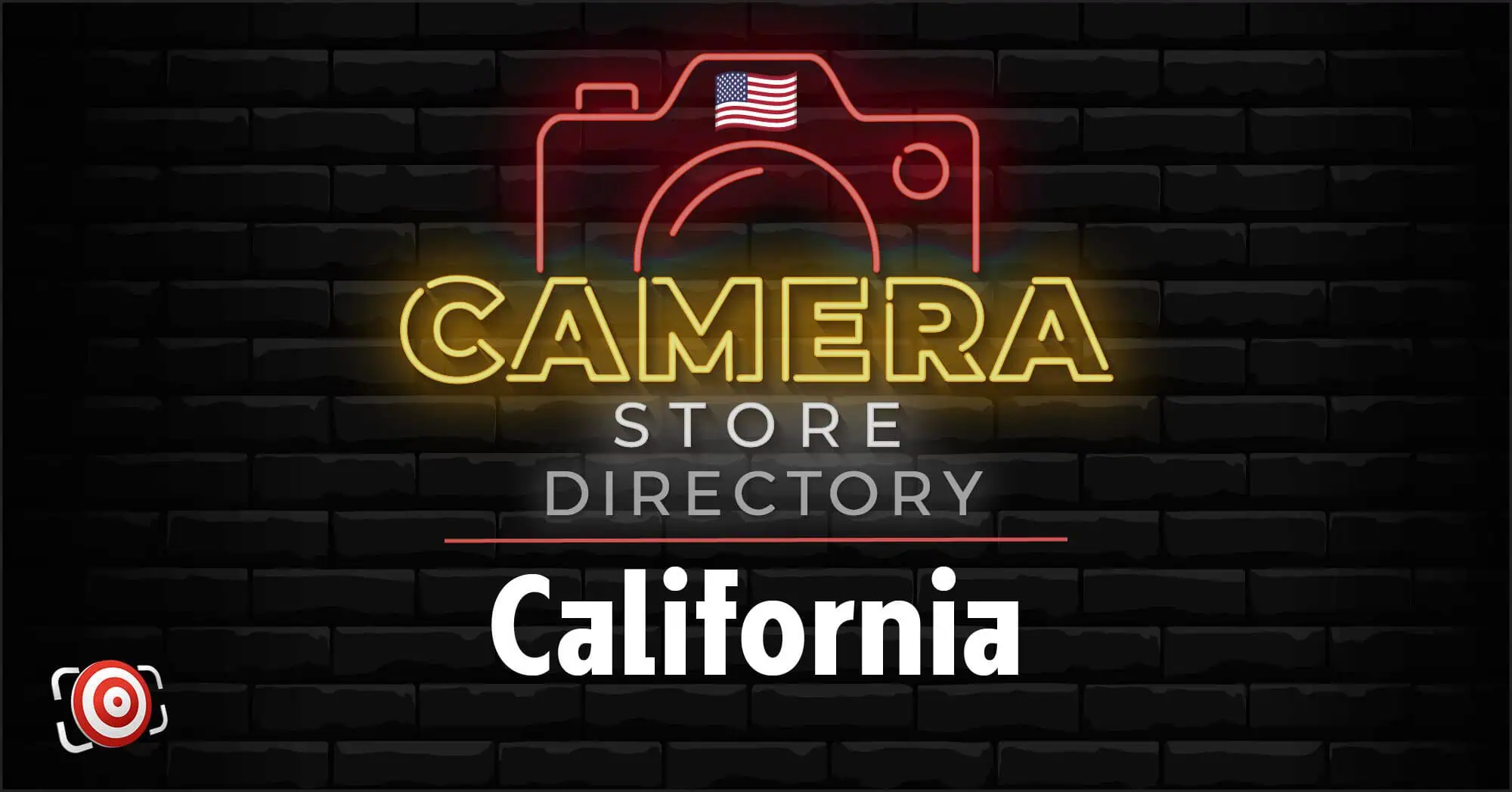 Neon sign reading "Camera Store Directory California" with a camera icon and American flag graphic on a black brick background.