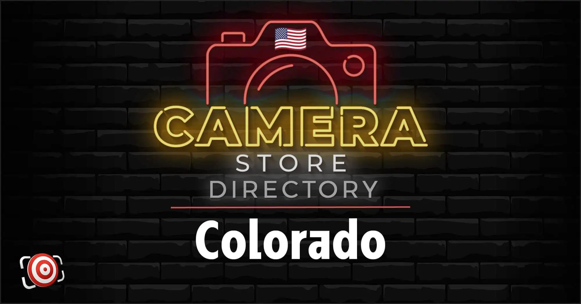 Neon-style sign reads "Camera Store Directory Colorado" with a camera outline and a small American flag above, set against a dark brick background.