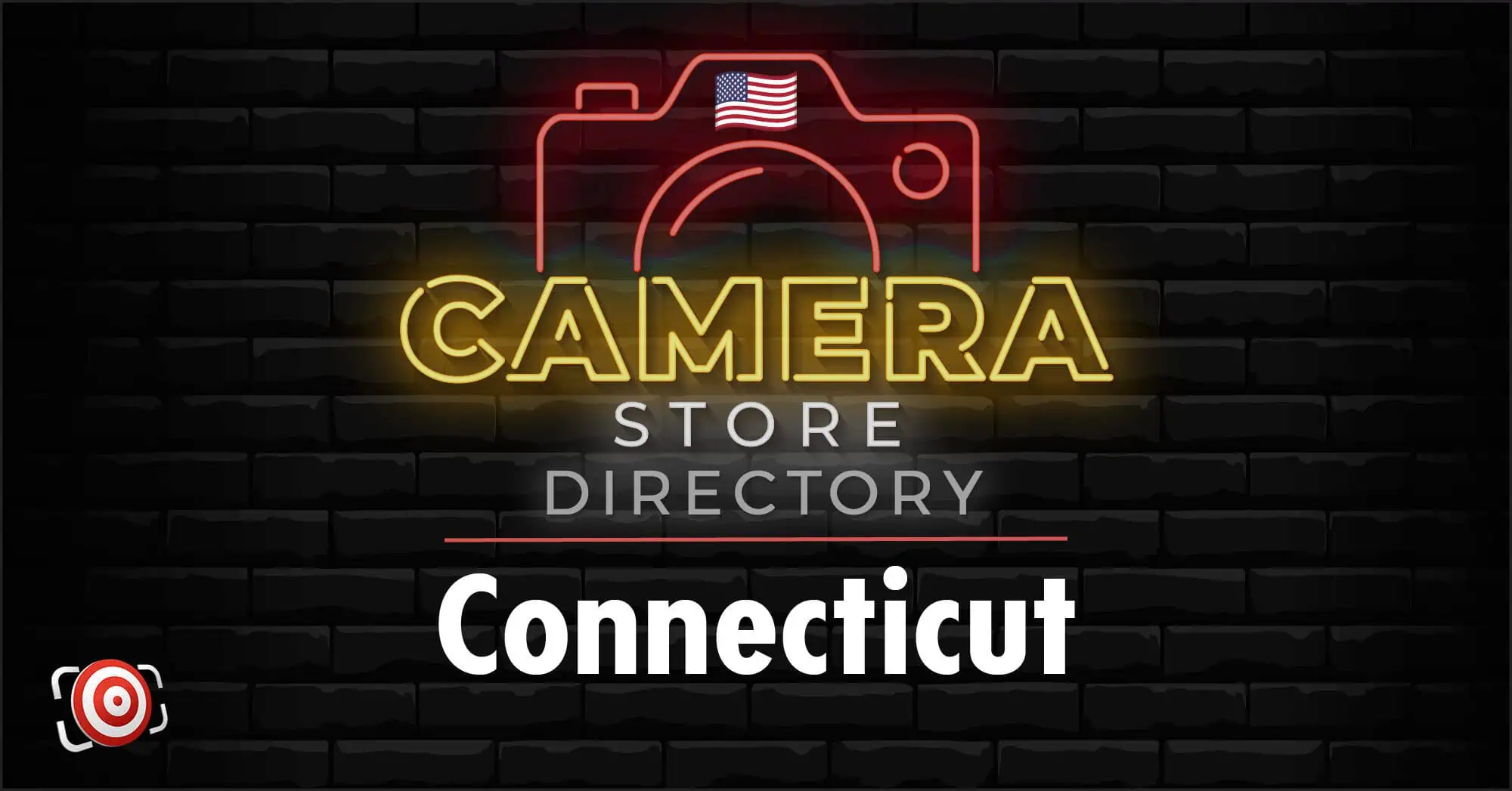 Neon sign with a camera icon and a US flag reads "Camera Store Directory" above the word "Connecticut" on a dark brick background.
