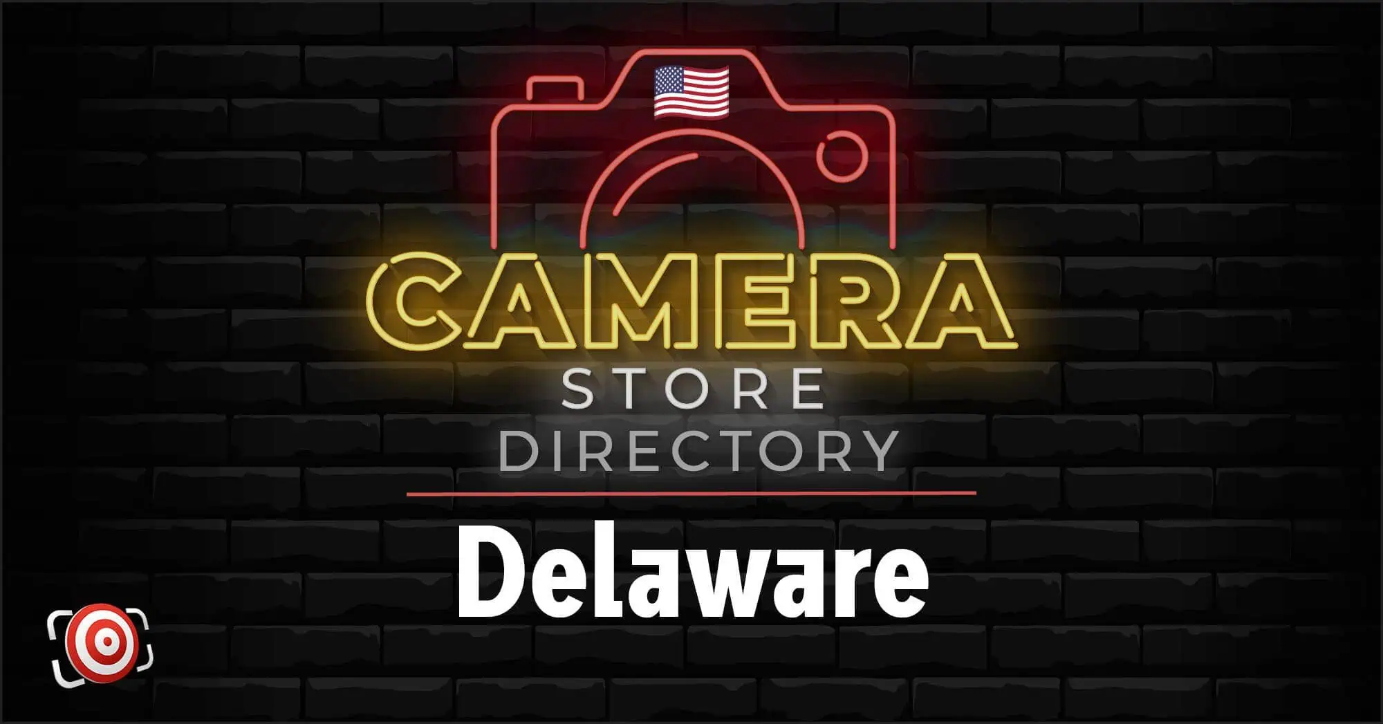 Neon sign reads "Camera Store Directory Delaware" with a camera outline, American flag, and dark brick wall background.