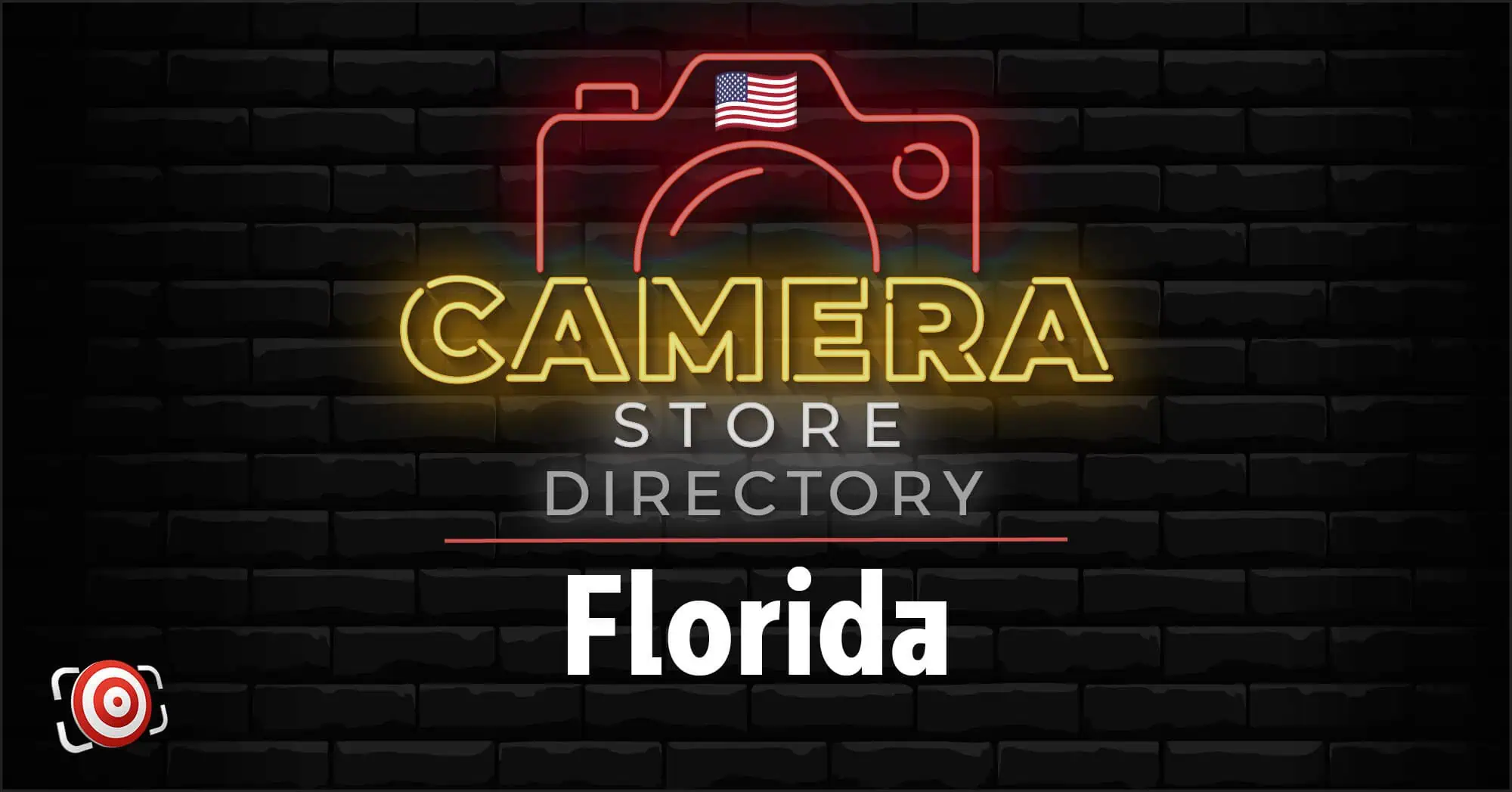 Neon sign illustration reading "Camera Store Directory Florida" with a camera icon and American flag on a dark brick background.