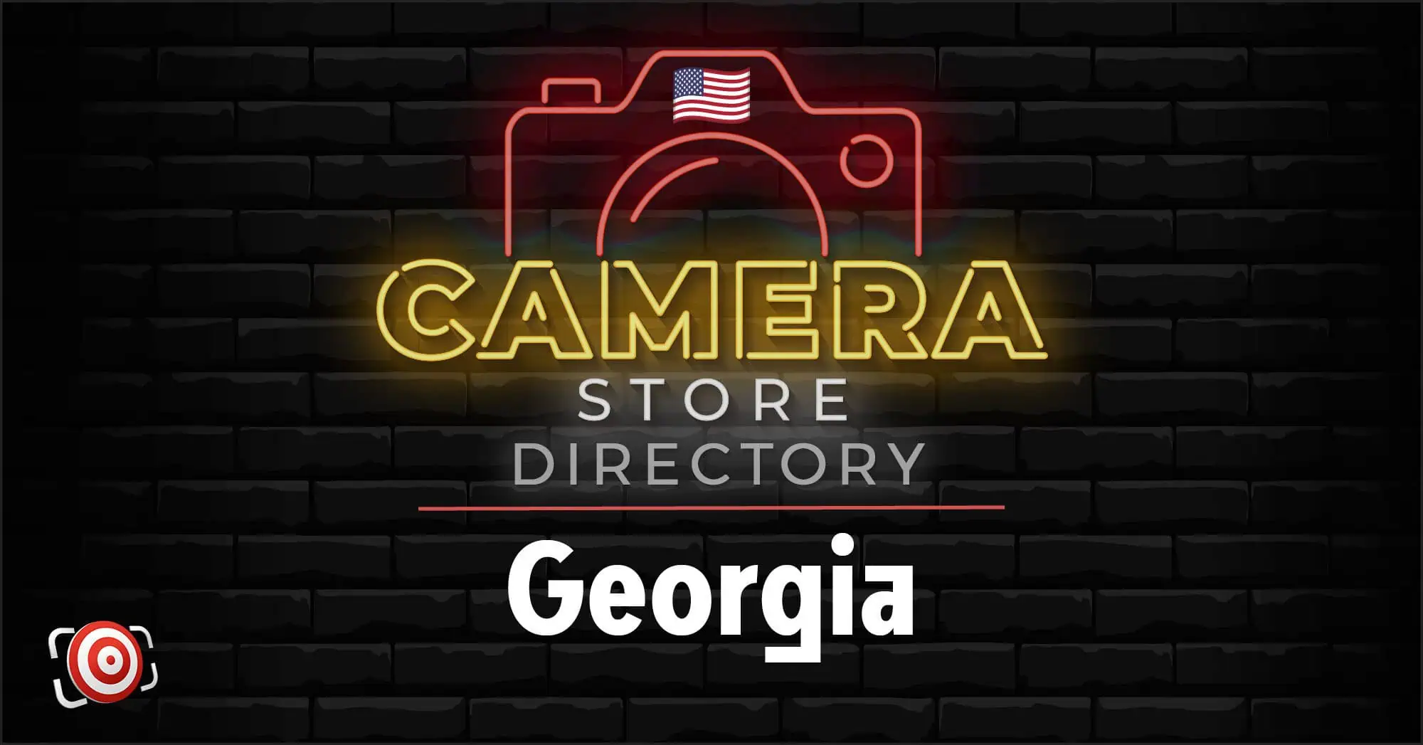 Neon sign graphic with a camera outline, American flag, and text reading "Camera Store Directory Georgia" on a black brick background.