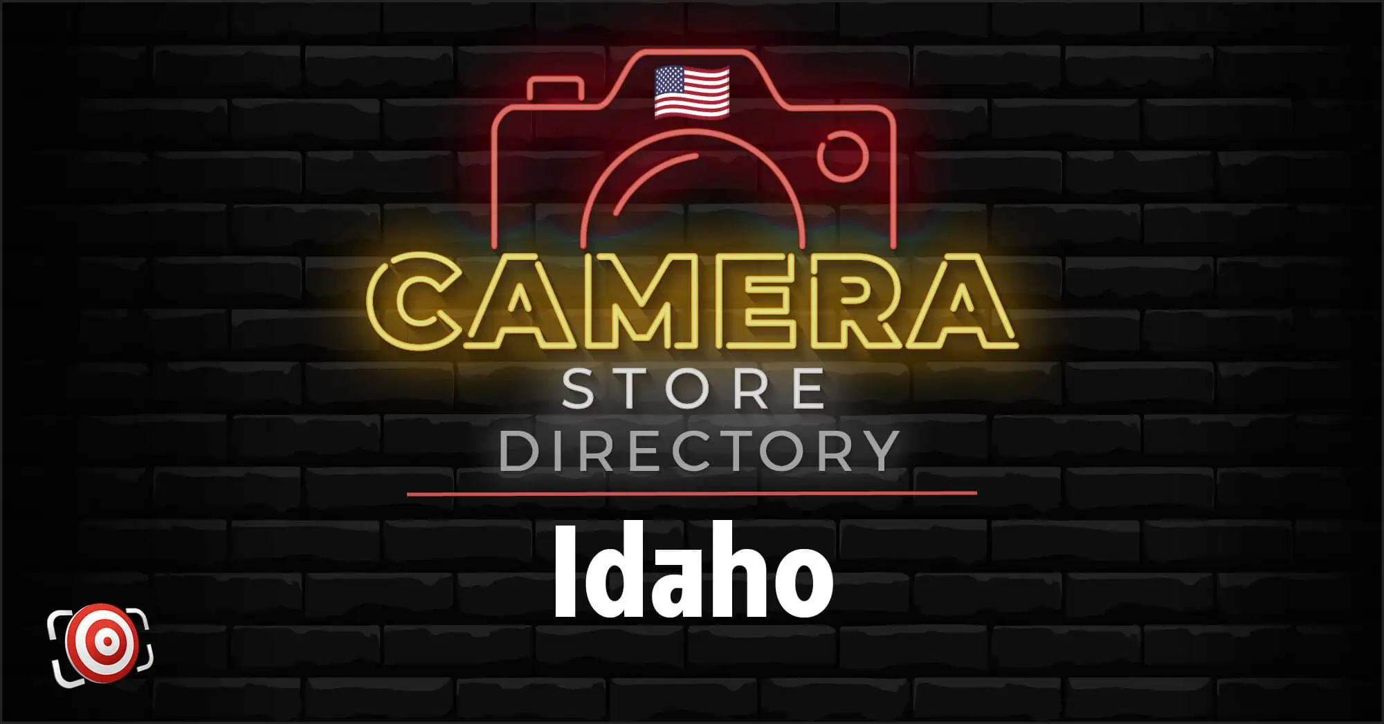 Neon sign graphic reading "Camera Store Directory Idaho" with a camera outline and an American flag icon on a black brick background.
