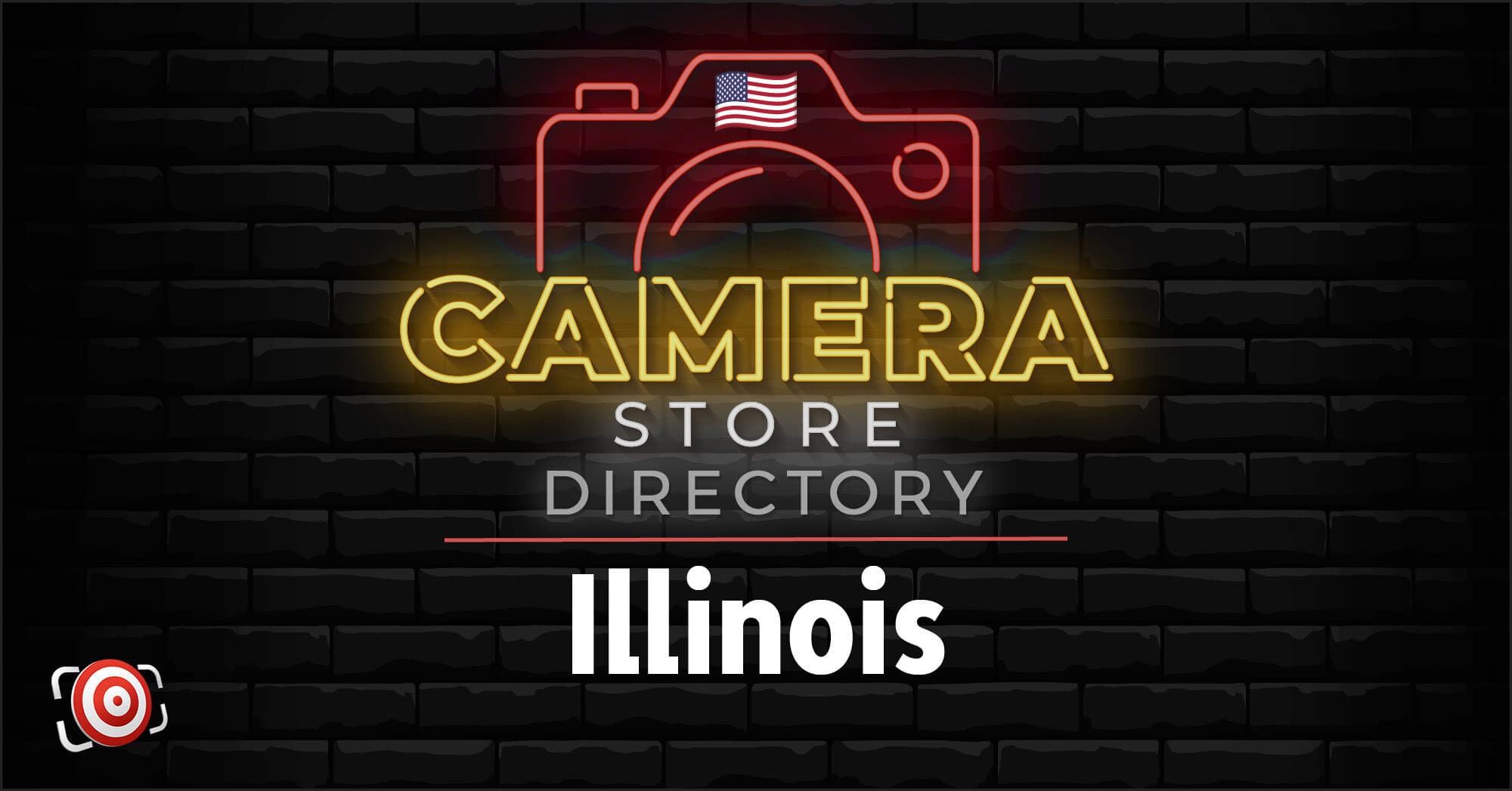 Neon sign graphic with a camera outline, American flag, and the words "Camera Store Directory Illinois" against a dark brick background.