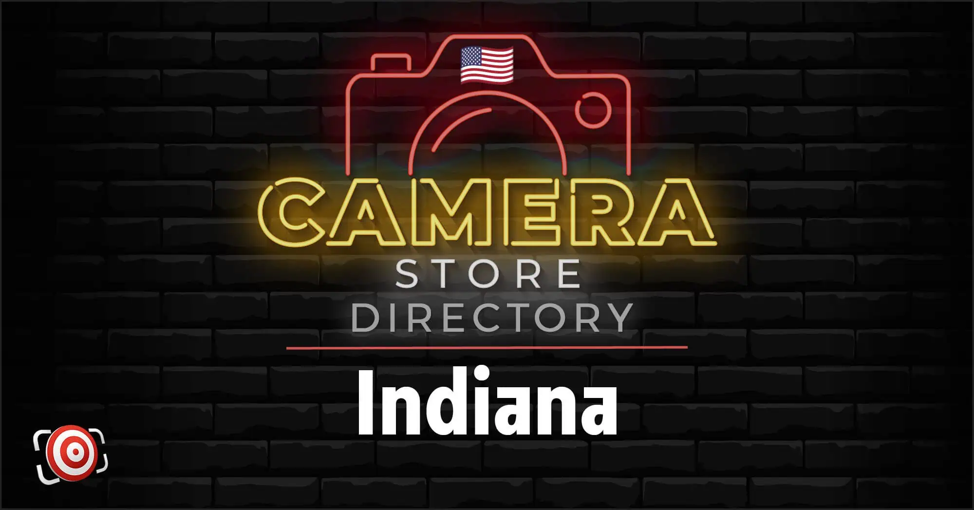A neon sign graphic reads "Camera Store Directory Indiana" on a black brick background, with a camera outline and American flag icon at the top.
