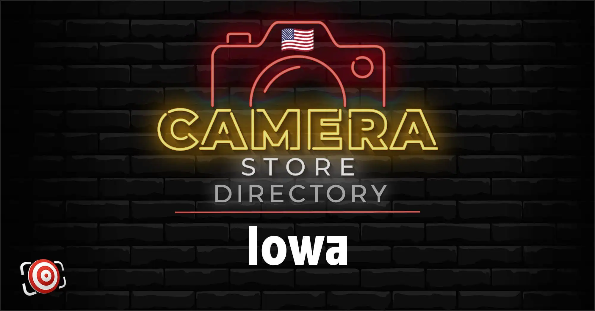 Neon-style graphic reads "Camera Store Directory Iowa" with a camera outline, U.S. flag, and black brick background.