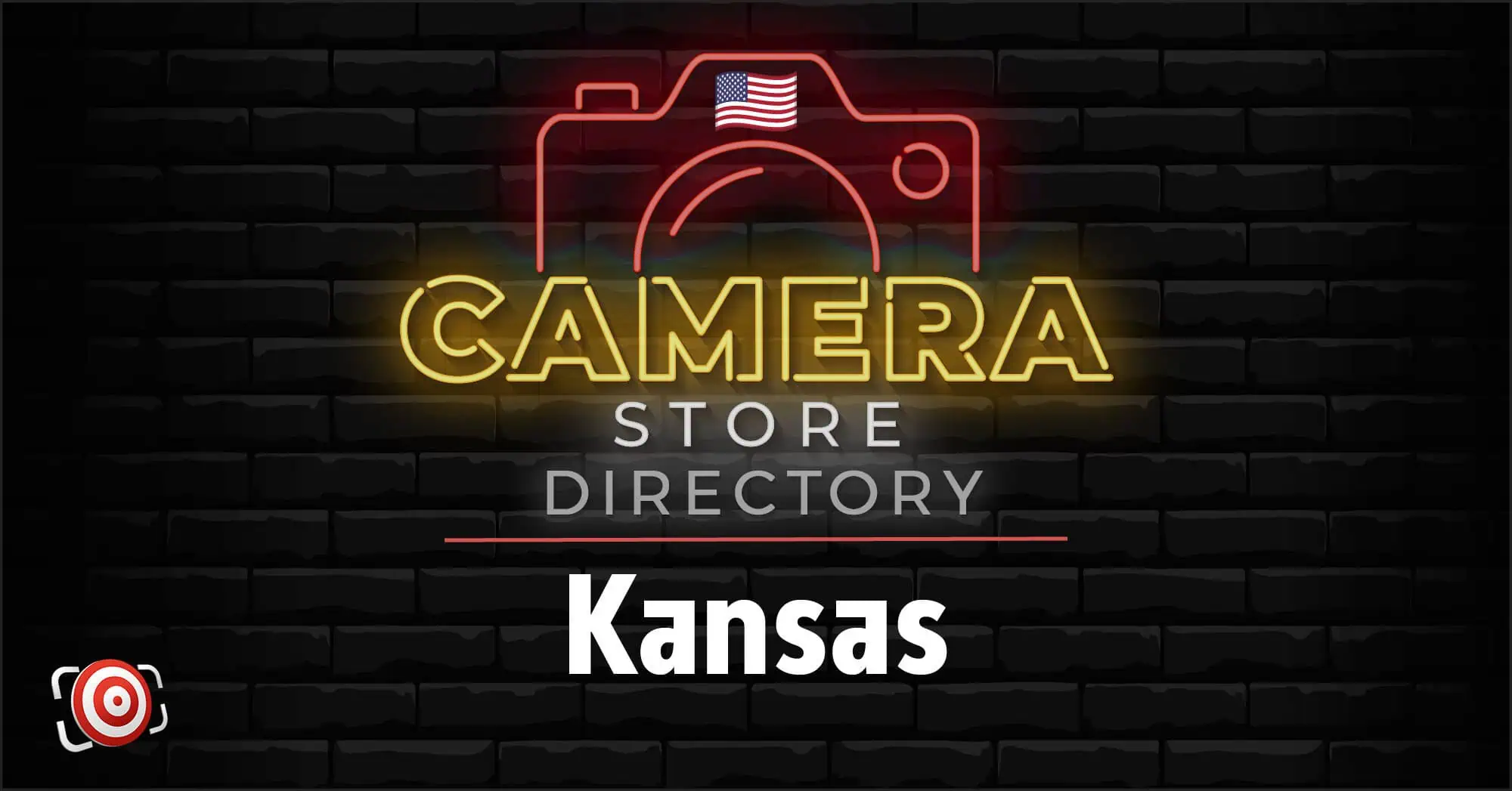 Neon sign graphic displaying "Camera Store Directory Kansas" on a black brick background, with a camera icon and an American flag.