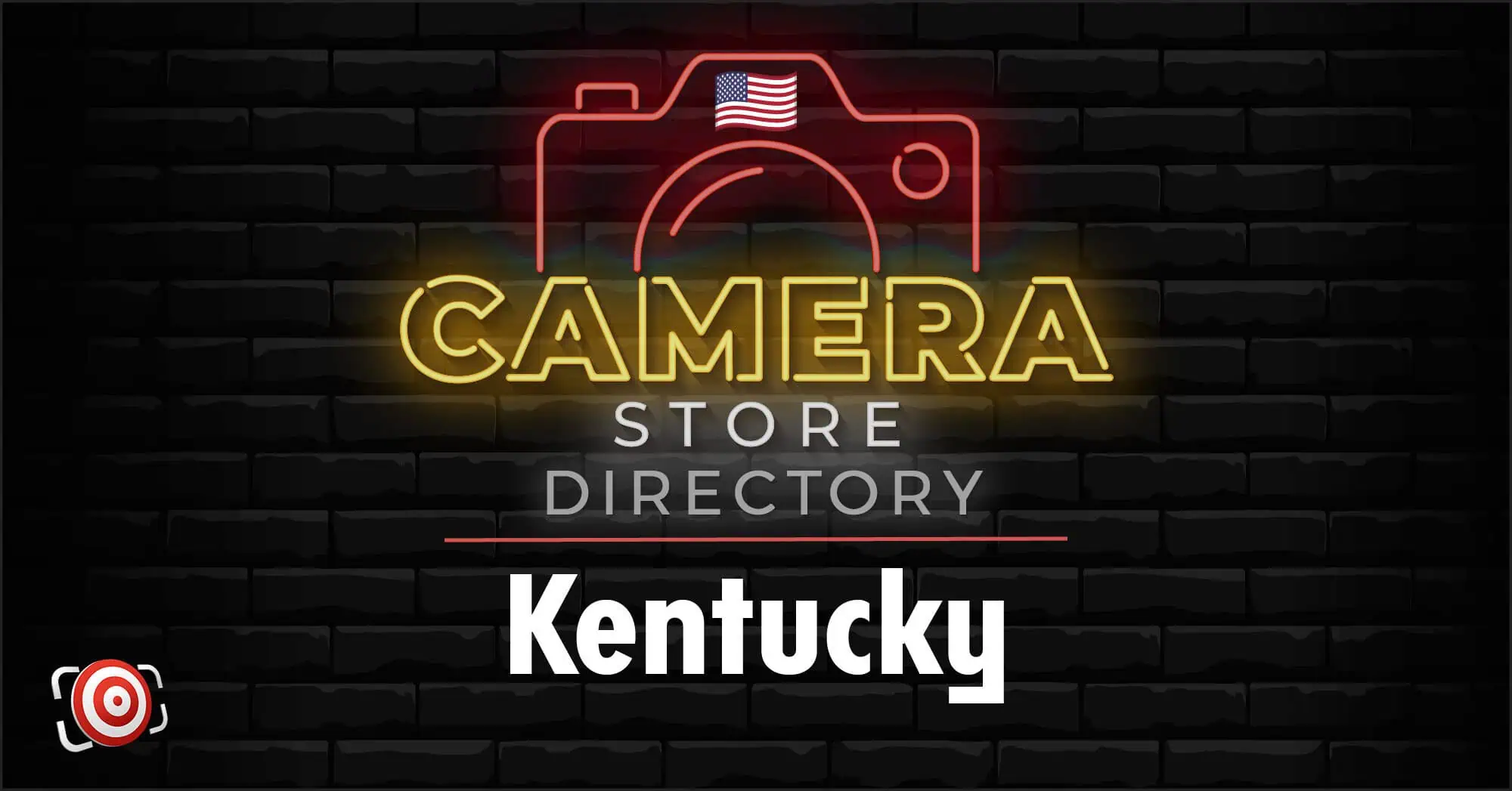 Neon sign reading "Camera Store Directory Kentucky" with a camera icon featuring a U.S. flag, set against a dark brick background.