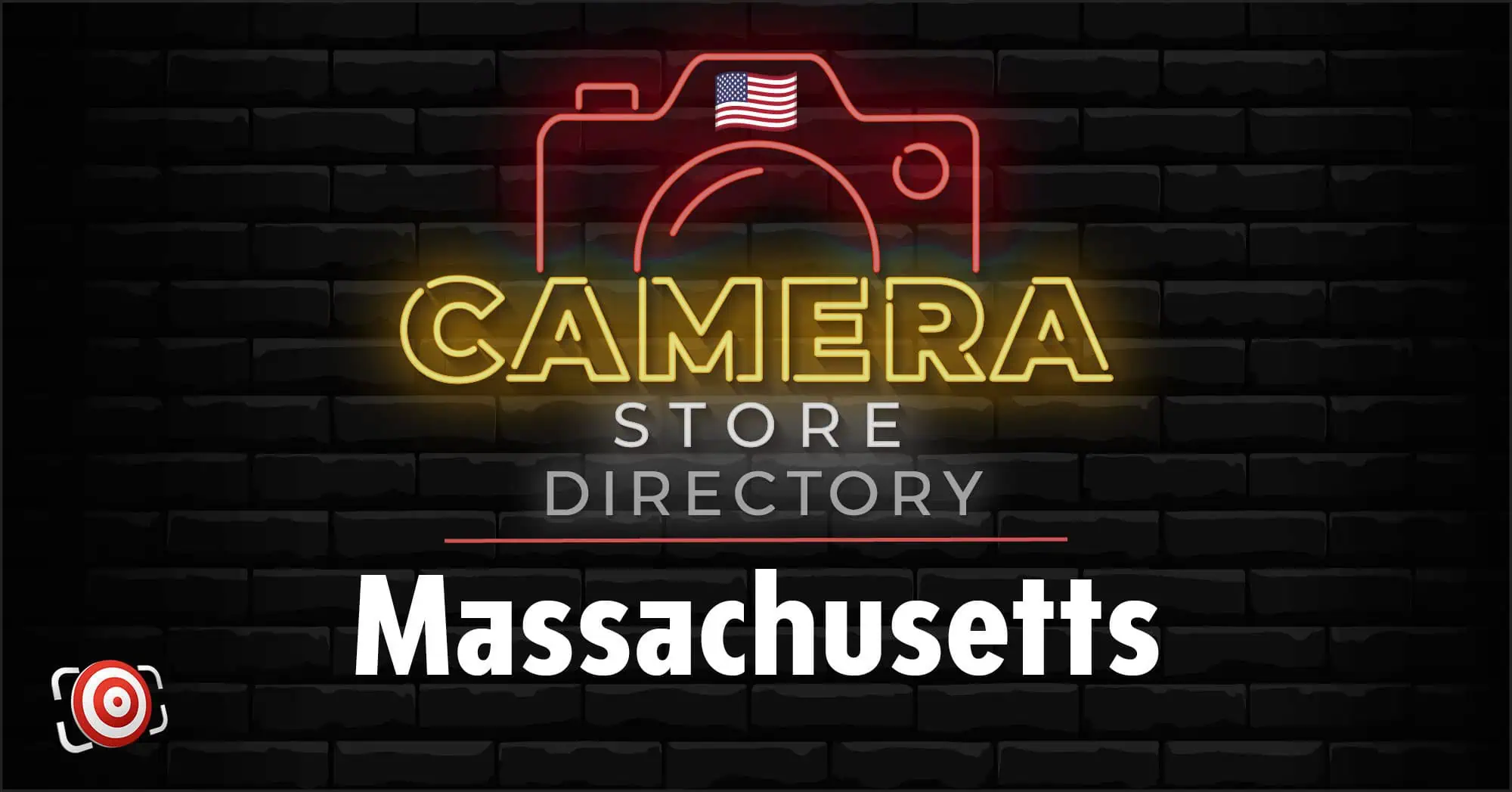 Neon sign reading "Camera Store Directory" with "Massachusetts" below, set against a black brick background with a small American flag on the camera icon.