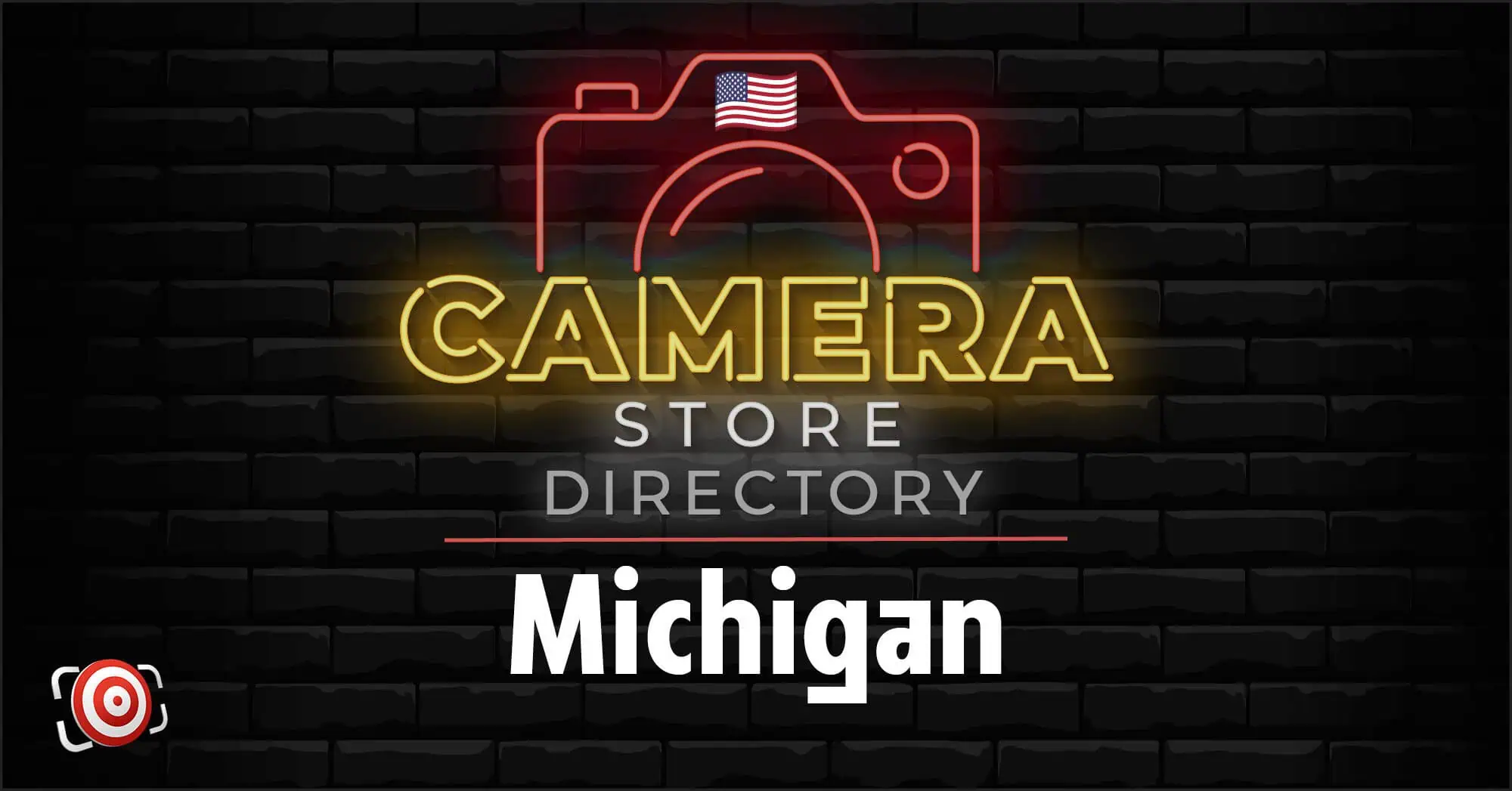 Neon-style graphic with a camera outline, the word "CAMERA" in yellow, "STORE DIRECTORY" below, and "Michigan" at the bottom against a black brick background.