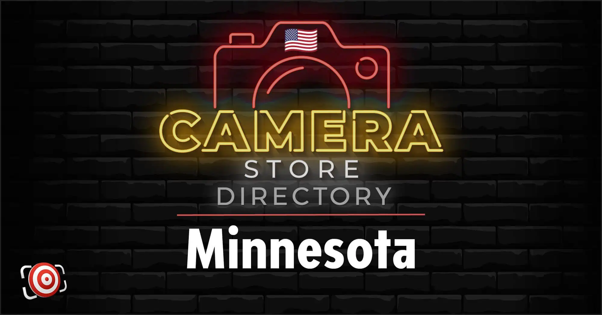 Neon sign reads "Camera Store Directory Minnesota" with an outline of a camera and a small American flag on a black brick background.